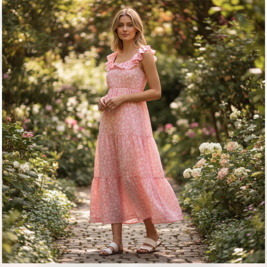 Nwot Chelsea28 X Nordstrom Ruffle Midi Dress In Pink Falling Leaves